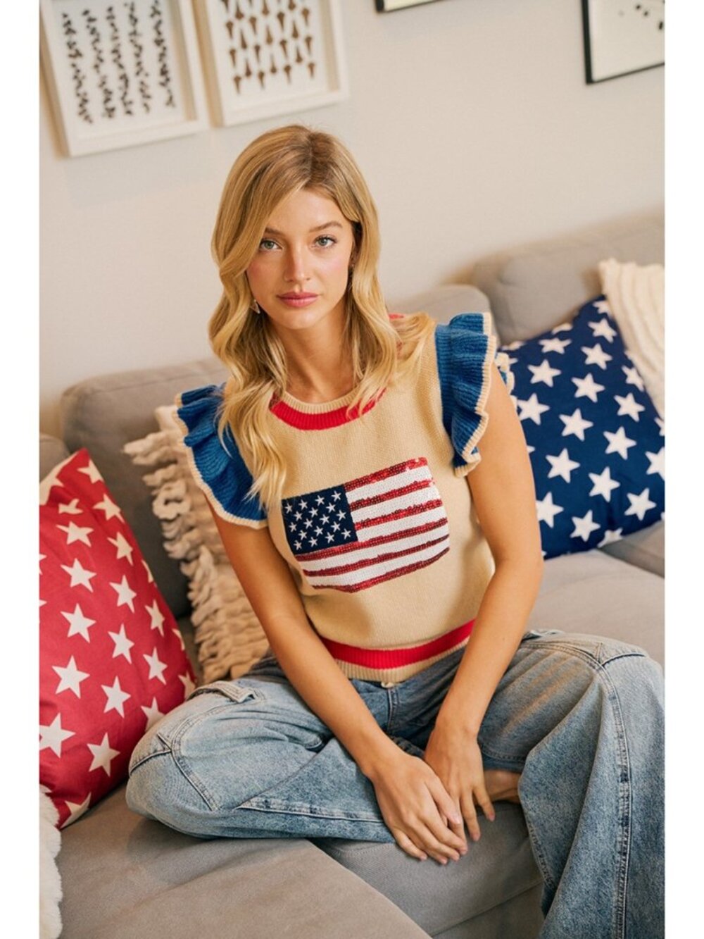 Americana Sequin Flag Knit Sweater Top NWT - Picture 6 of 10